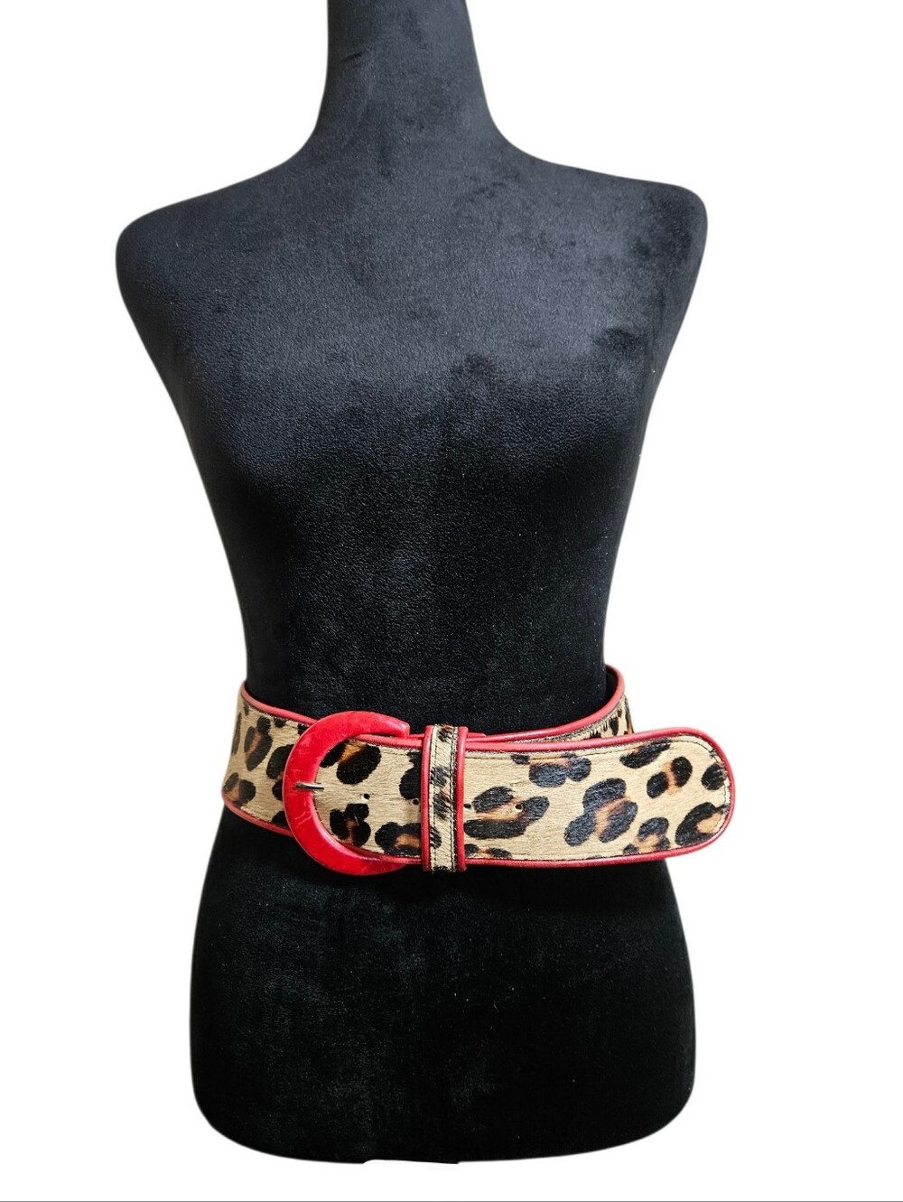 Streets Ahead Vintage Y2K Leopard Print Calf Hair w/ Red Leather Trim Belt Sz. M